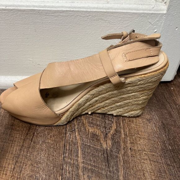3.1 Phillip Lim Tan/Cream Leather Peep Toe Espadrille Wedges Size 8 - Picture 4 of 16